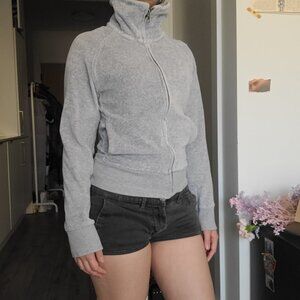 Gray Y2k High-Neck Velour Fleece Fitted Zip-up Jacket (S)